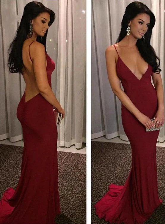 Buyishang Sexy Mermaid Spaghetti Straps Satin Burgundy Prom Dresses Long Party Dress